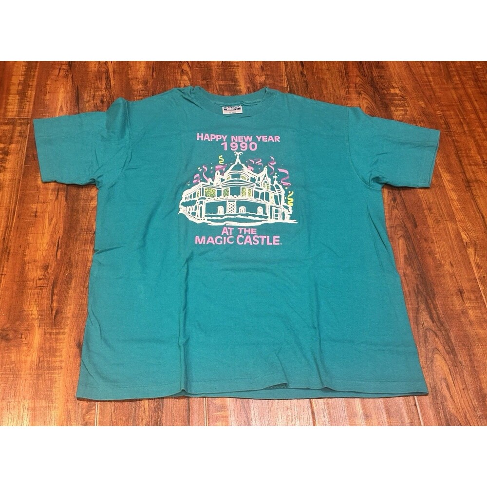 Vintage 1990 The Magic Castle Happy New Year Green Single Stitch T-Shirt Size XL